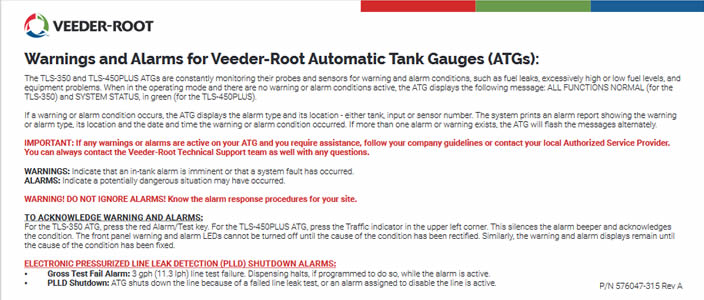 Warnings and Alarms for Veeder-Root Automatic Tank Gauges (576047-315)